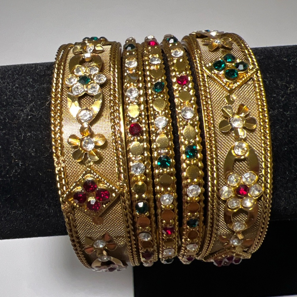 Traditional Pakistan Indian Bangle Set Gold Color Multi-Color Rhinestone Jewelry